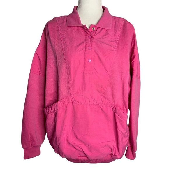 Vintage 80s Snap Front Pullover Sweatshirt L Pink Collared Pockets Ribbed Knit - Picture 2 of 6